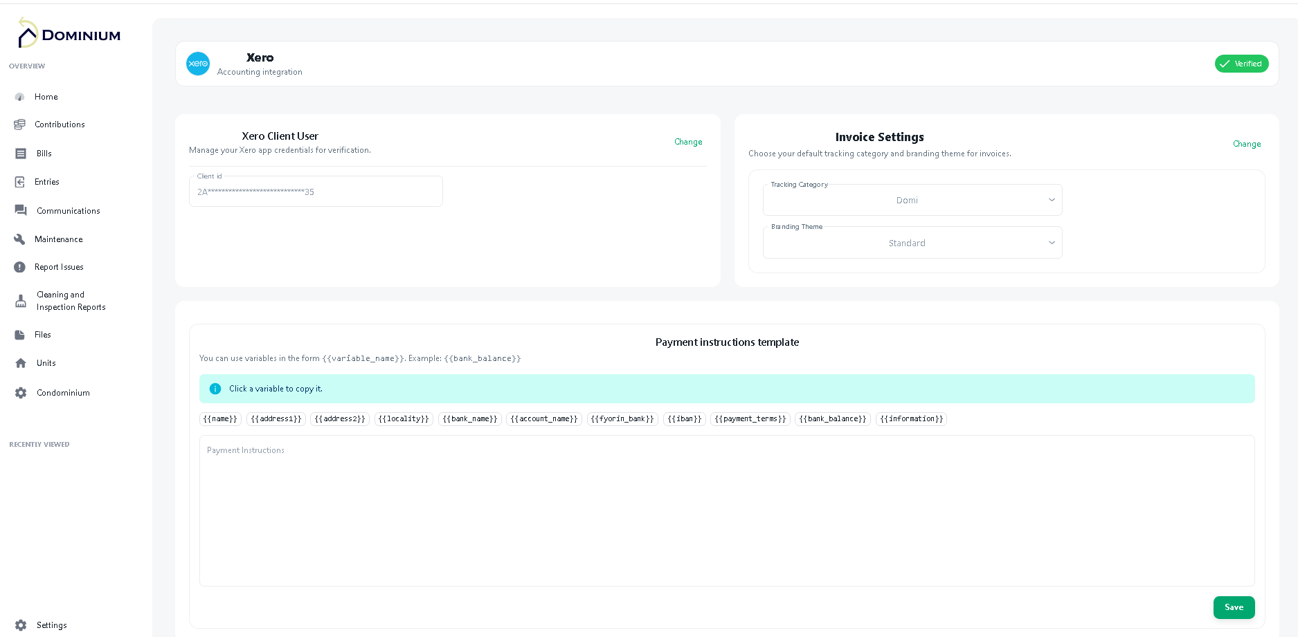 Dominium Xero integration screen